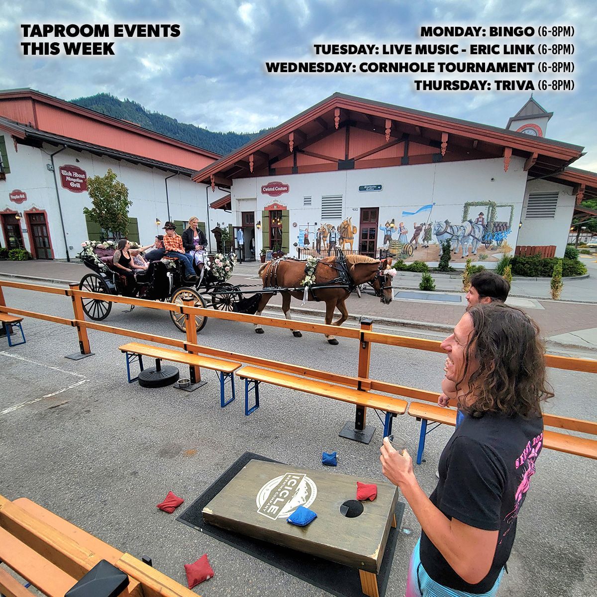 Fun events at our taproom this week from 6-8pm Monday-Thursday. Bingo on Monday, Live music from Eric Link on Tuesday, Cornhole Tournament Wednesday, and Trivia on Thursday!