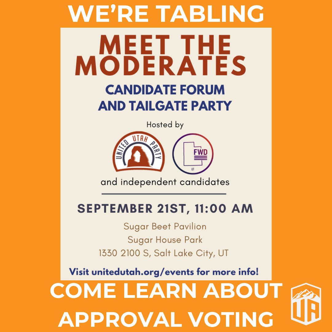UtahApproves's tweet image. Stop by the Meet the Moderates event this weekend to learn about #ApprovalVoting! unitedutah.org/calendar