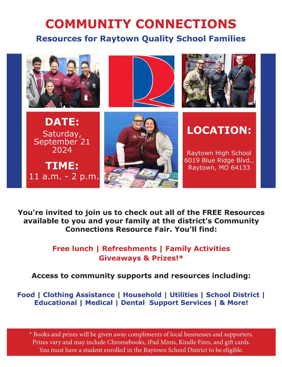 RaytownSchools's tweet photo. Make plans to join us Saturday, September 21 from 11am-2pm at Raytown High for the Community Connections Resource Fair. Details ⬇️
#raytownmo #rqsforward #weareraytown https://t.co/E0NiuTj2A2