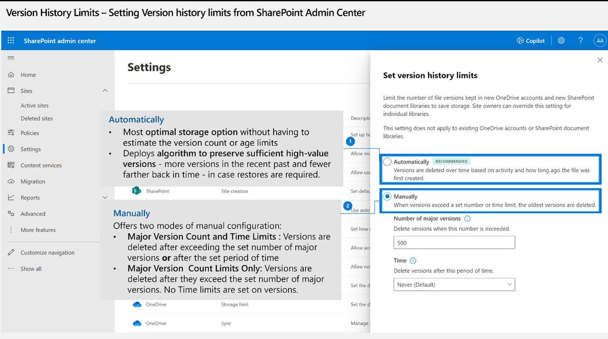 📢New SharePoint Admin features enable automatic version history limits

💡When the Automatic limit is enabled, SharePoint removes older, less frequently used versions while keeping the most valuable ones intact. 

🔗learn.microsoft.com/en-gb/sharepoi… #SharePoint #OneDrive #Microsoft365