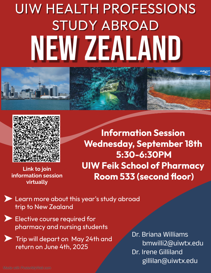 Join FSOP to study abroad in New Zealand! We welcome you to join the information session on Wednesday, September 18th at 5:30pm. The session will be held at Feik School of Pharmacy, room #533, or online via Teams. Join virtually through the QR code to hear about trip information!