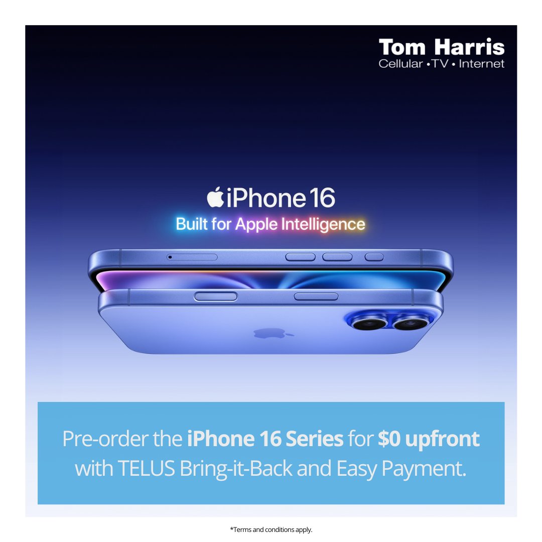 Pre-order the first iPhone built for Apple Intelligence, iPhone 16! Reserve yours from TELUS' largest and most recommended dealer in Canada!

preorders.tomharris.com/iphone16

#TomHarris #iPhone #Apple