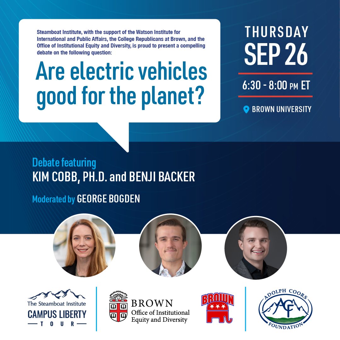 Are electric vehicles good for the planet? This timely question will be the focus of our first Campus Liberty Tour debate of the fall semester, at Brown University. 
Our expert speakers include <a href="/BenjiBacker/">Benji Backer</a>, Founder and Chairman of <a href="/ACC_National/">American Conservation Coalition</a>, and <a href="/coralsncaves/">Dr. Kim Cobb @bsky.app/kimcobb</a>, Director of