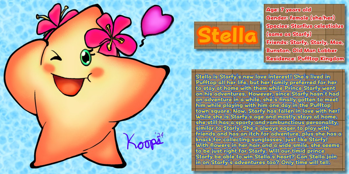 KoopsReturns's tweet photo. The secret’s out! It’s time to introduce my Starfy OC, Stella, appearing in @onegital’s upcoming fan game project, “The Legendary Starfy: Pollution Panic!”

Second drawing by @topaz54494997

(Please note that in her bio, I meant to write “flowers on her head”, instead of “hair”.) https://t.co/FZFCQKfzI3