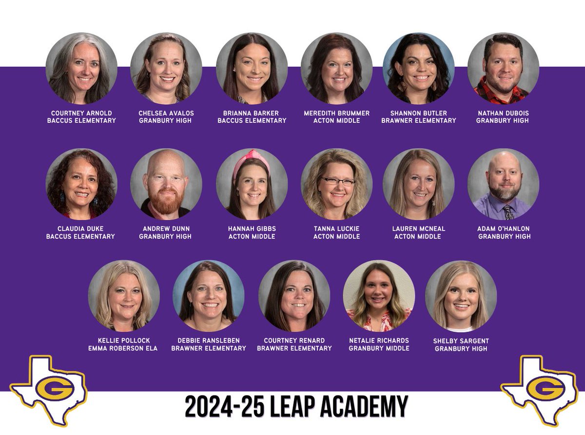 Granbury ISD announces 17 staff members selected to the 2024-25 LEAP Academy 💜💛

🔗: granburyisd.org/apps/news/arti…