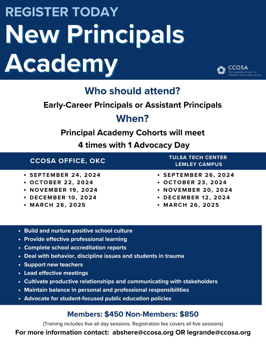 New Principals Academy starts next week! Are you a new principal or assistant principal in your 1st five years of service?  Join this year's cohort! Choose to join a cohort in OKC or Tulsa.  Register here: ccosa.org/professional-l…