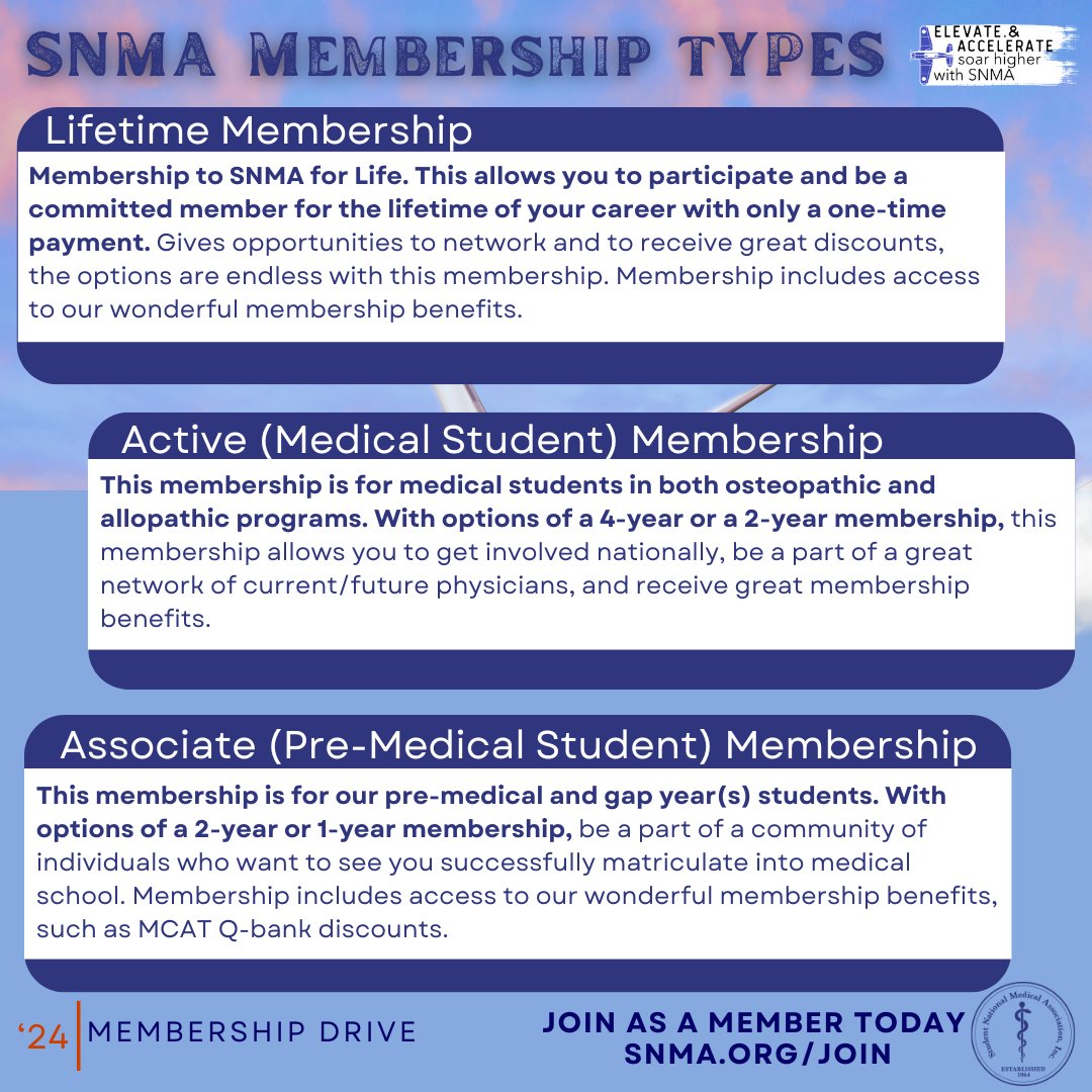SNMA's tweet image. Happy #MileMemberMonday! Discover the different types of memberships SNMA offers and find the one that’s perfect for you! 🚀 

#SNMAMemberSOAR2024 #MembershipBenefits #DiversityInMedicine