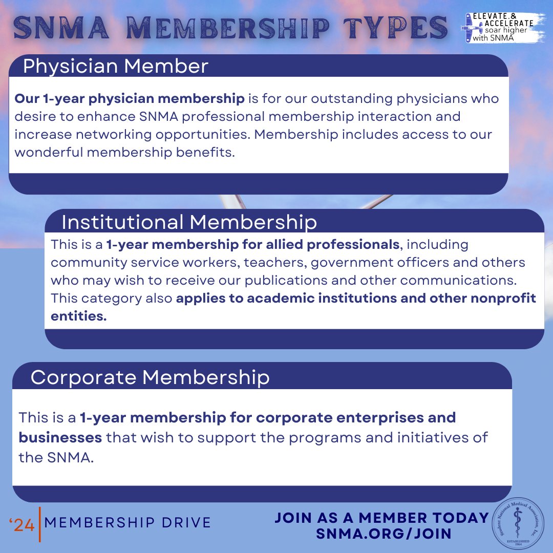 SNMA's tweet image. Happy #MileMemberMonday! Discover the different types of memberships SNMA offers and find the one that’s perfect for you! 🚀 

#SNMAMemberSOAR2024 #MembershipBenefits #DiversityInMedicine