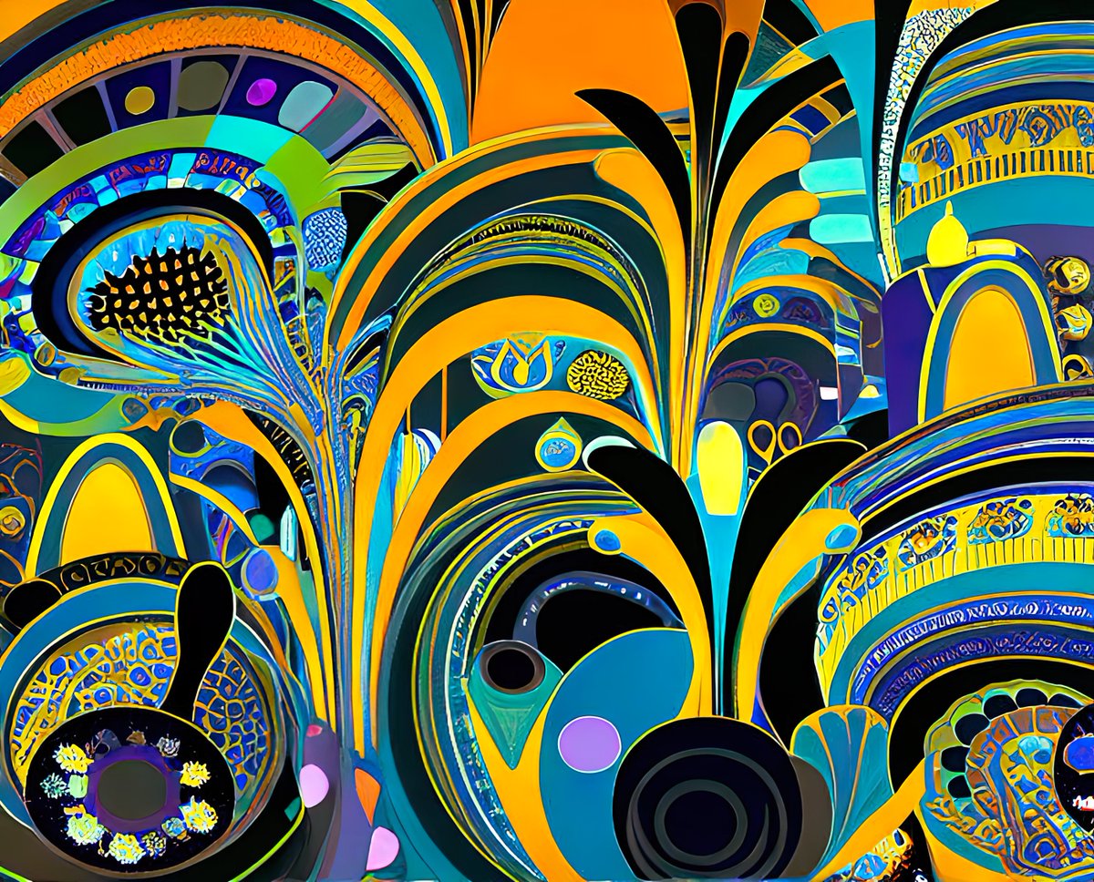 xalieri's tweet photo. ABSTRACT DESIGN BREAK, set 13, 1 of 3
#PreColonial #BreakFromPaisley #FlatArt #Psychedelia #Psychedelic #Psychedelia #SomeSquintingOK #WeirdArt #PsychologicalLandscape #ImSureItMustMeanSomething
#DarkArts #DigitalArt #AIAssistedArt #AIArt #WomboDream #StableDiffusion https://t.co/o5mJQ8zGRK