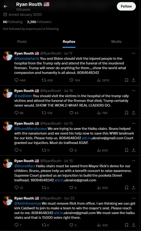 What the news isn't saying - From Ryan Routh's X account before it was pulled down - He apparently was a Biden and Harris supporter, and from his donation records he made numerous donations to "ActBlue"... #trumpassassinationattempt2