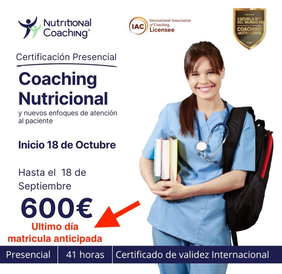 Último día descuento por matrícula anticipada Certificación en Coaching nutricional y nuevos enfoques de atención al paciente, presencial en Barcelona (Sitges).
institute.nutritionalcoaching.com/curso/certific… o escríbenos a info@nutritionalcoaching.com o llámanos al +34932503858

#coachingnutricional