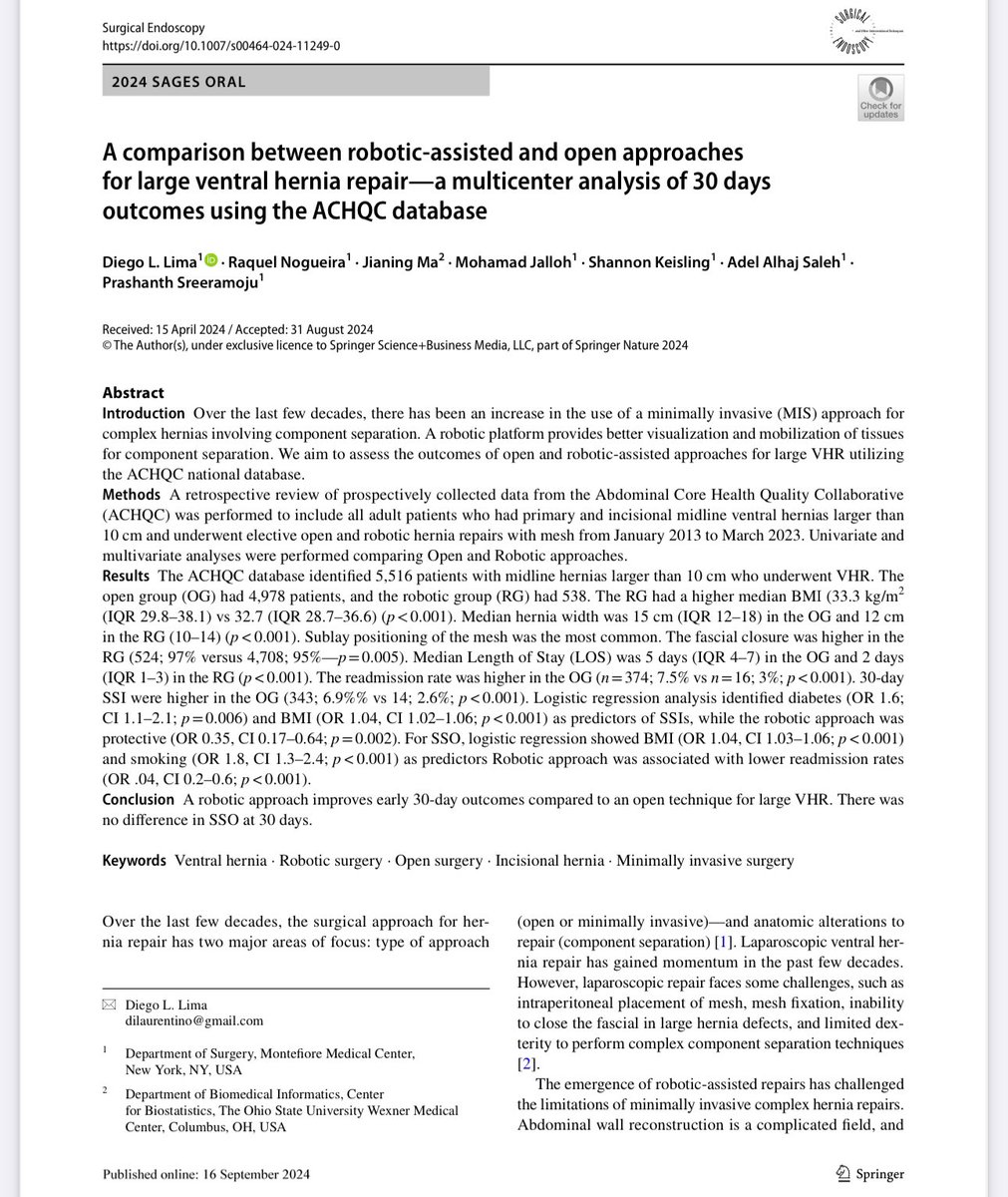 Diego Lima, MD MSc (@dilaurentino) on Twitter photo Back to our regular hot out of the oven 🔥 our paper comparing open and robotic large ventral hernia repairs using the ACHQC database just published at Surgical Endoscopy <a href="/SAGES_Updates/">SAGES is in Tampa in 2026!</a> Congratulations to all authors <a href="/NogueiraRaquel_/">Raquel Nogueira</a> <a href="/PrashanthSreer2/">Prashanth Sreeramoju</a> <a href="/AlhajSalehMD/">Adel Alhaj Saleh, MD, MRCS</a> <a href="/MontefioreSurg/">Montefiore Surgery</a> Back to our regular hot out of the oven 🔥 our paper comparing open and robotic large ventral hernia repairs using the ACHQC database just published at Surgical Endoscopy <a href="/SAGES_Updates/">SAGES is in Tampa in 2026!</a> Congratulations to all authors <a href="/NogueiraRaquel_/">Raquel Nogueira</a> <a href="/PrashanthSreer2/">Prashanth Sreeramoju</a> <a href="/AlhajSalehMD/">Adel Alhaj Saleh, MD, MRCS</a> <a href="/MontefioreSurg/">Montefiore Surgery</a>