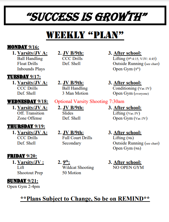 BasketballatKHS's tweet photo. Schedule for the week is posted. Need to have another great week as we prepare for shootout #2 this weekend! #successisgrowth https://t.co/S6YMMFO8xU