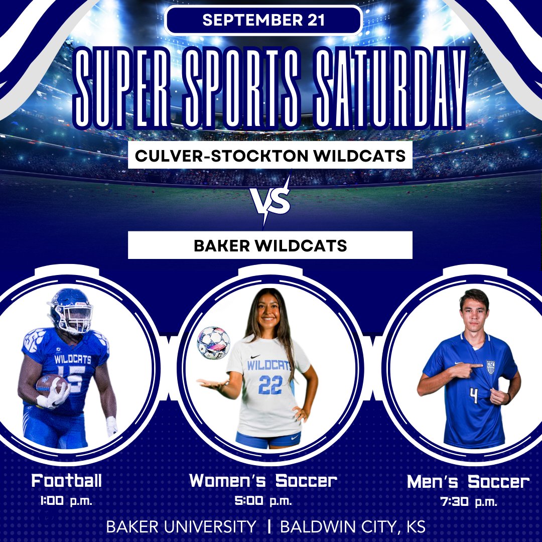 CSCAlumni's tweet image. ⚽️🏈 Super Sports Saturday ⚽️🏈
This Saturday, September 21, join fellow Culver-Stockton College Alumni for Super Sports Saturday.
KCAA members will be at Baker University to cheer on our C-SC Wildcats!
Let's pack the stands for our 1000th football game in program history!