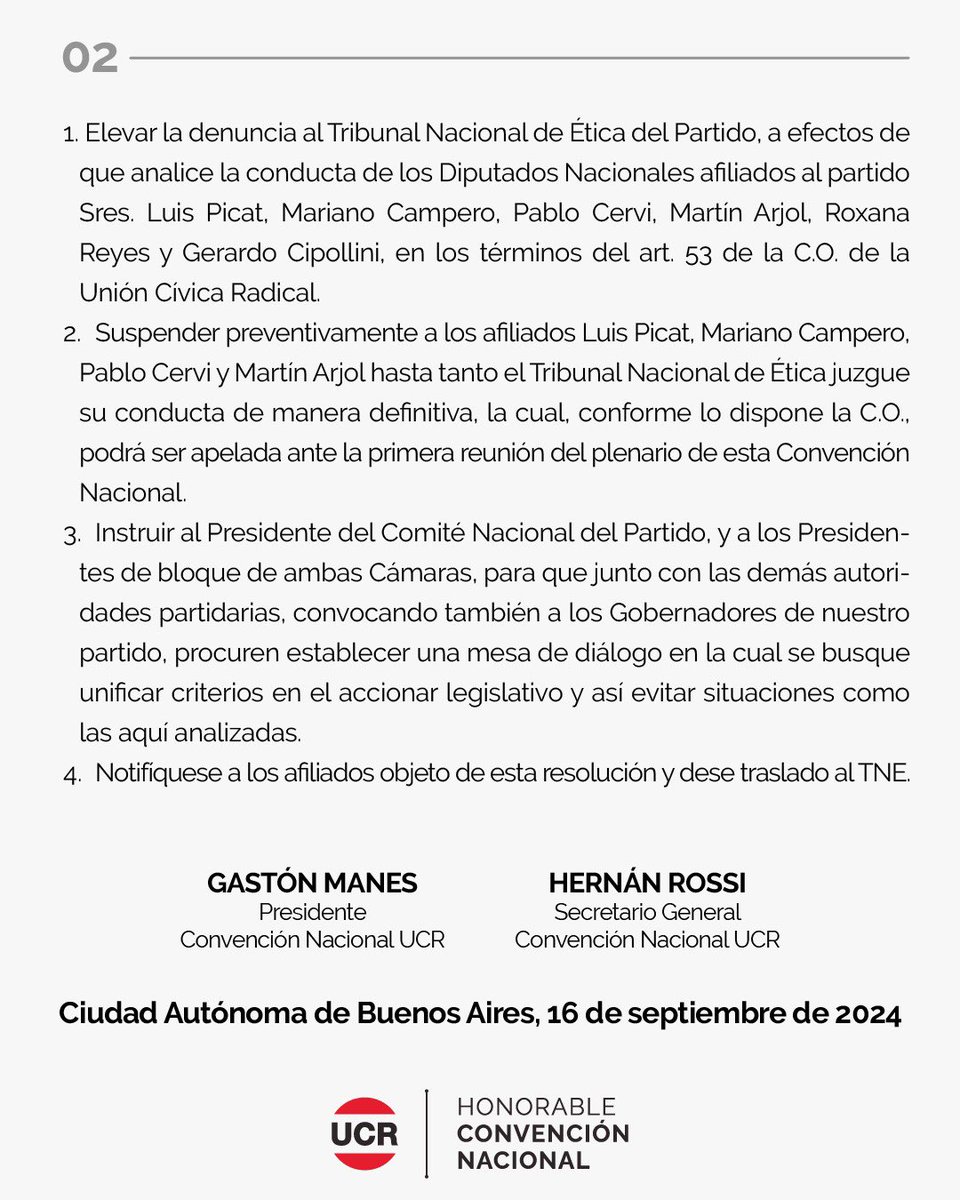 Compartimos la resolución de la Mesa Directiva de la Honorable Convención Nacional de la UCR ante las Conductas de Diputados Nacionales