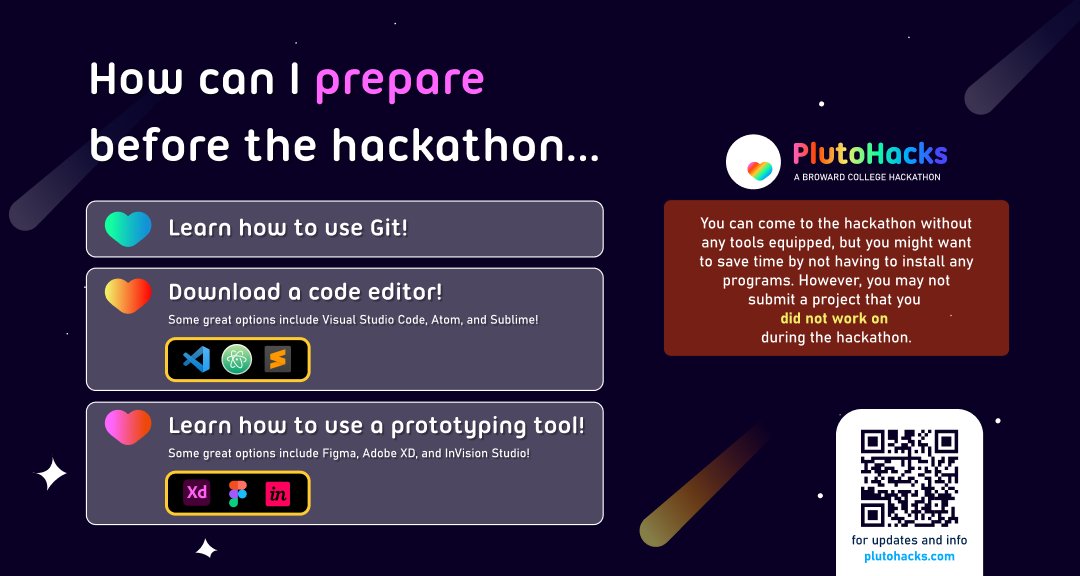 How to prepare for the hackathon!
Learn how to use Git.
Download a code editor.
Learn how to use a prototyping tool.
Join us at PlutoHacks October 18-19, 2024.
Register at plutohacks.com

#hackathon #PlutoHacksBC #RiseCodeOvercome #BCProud #innovation
