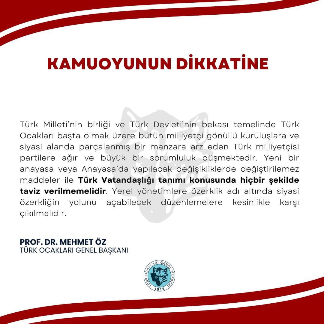 Türk Milleti’nin birliği ve Türk Devleti’nin bekası temelinde Türk Ocakları başta olmak üzere bütün milliyetçi gönüllü kuruluşlara ve siyasi alanda parçalanmış bir manzara arz eden Türk milliyetçisi partilere ağır ve büyük bir sorumluluk düşmektedir. 

Yeni bir anayasa veya