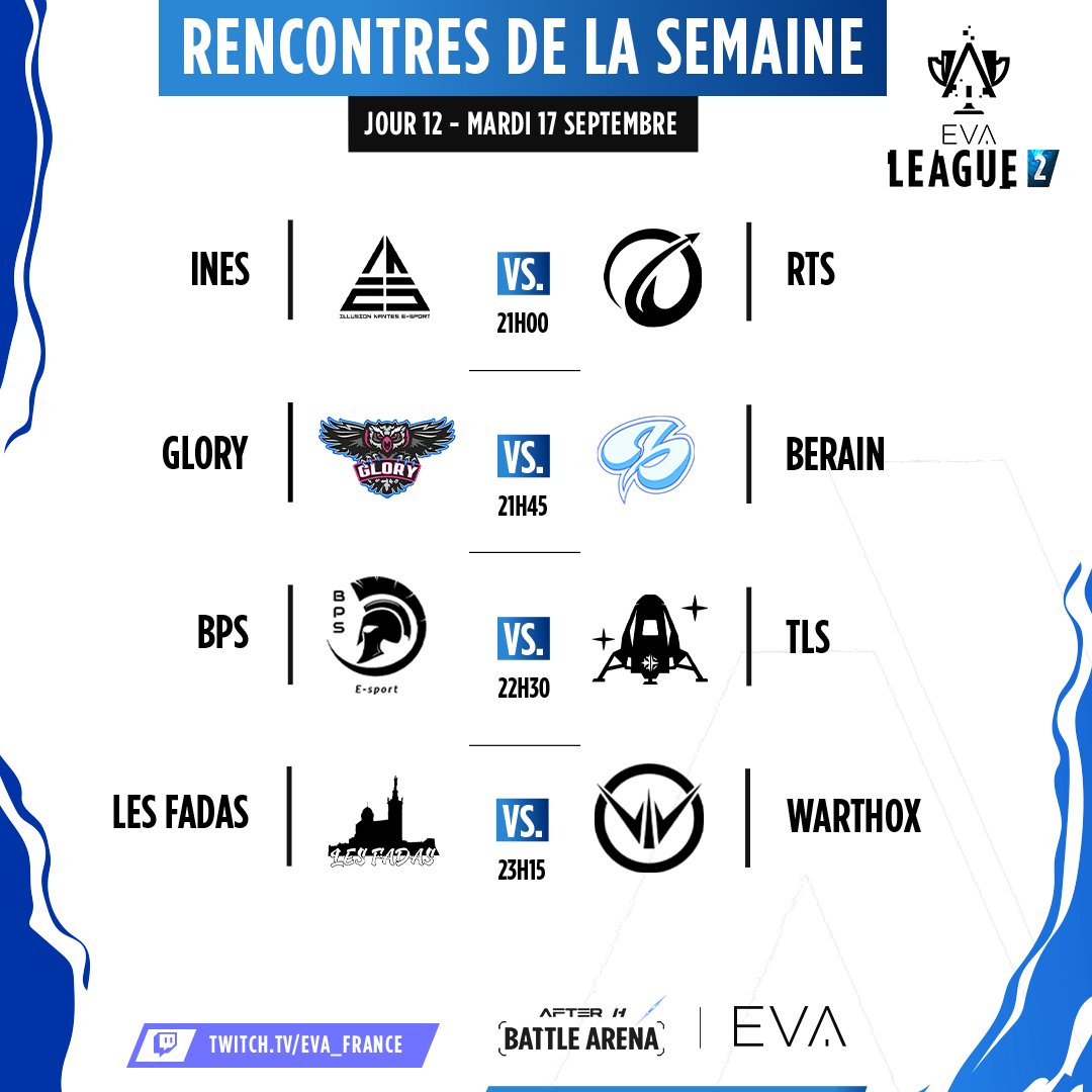 DEMAIN SOIR : 12ème journée d'EVA League 2 🚀

Le podium est encore jouable, mais qui prendra de l'avance au classement ? 👀

▶️ Début du live à 20h30
🔗 twitch.tv/eva_france