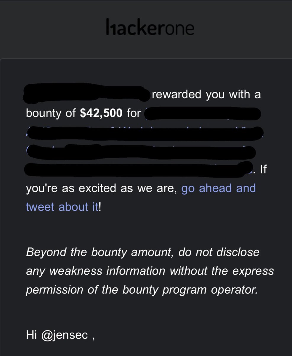 _jensec's tweet image. Received my highest bounty of $42,500 from @Hacker0x01