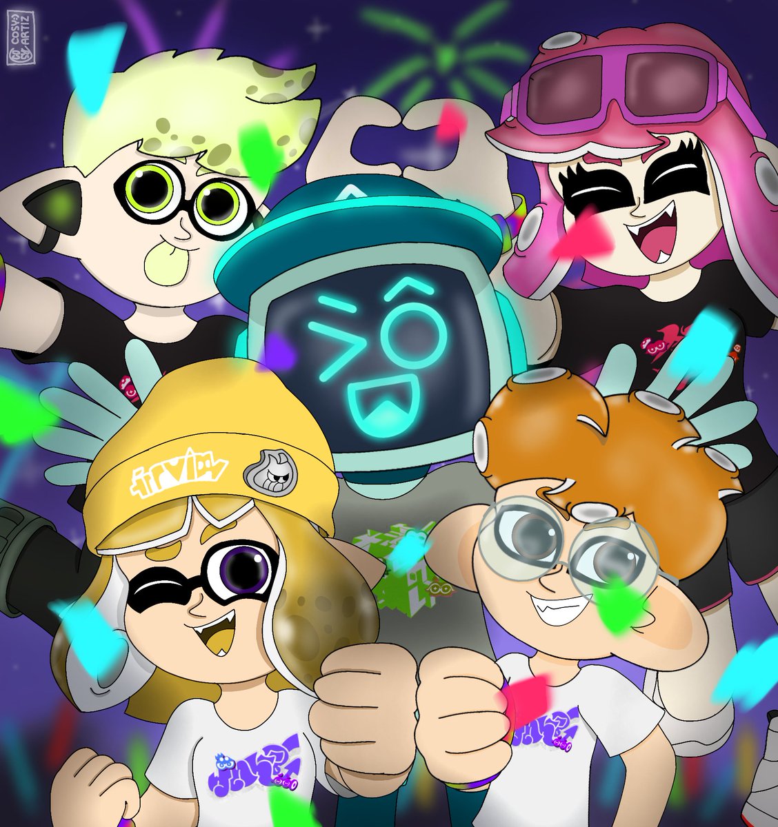 CosytheLegit01's tweet photo. "Thank You for playing Splatoon 3, may the #GrandFestival will forever be in your memories, and always stay positive, cozy and happy all time!" 
#CosyverseSplatoon gang, 2024
🧡💛💜💚

#cosyartiz #Splatoon3 #splatoonart #splatoonoc https://t.co/5QIaXiaXxL