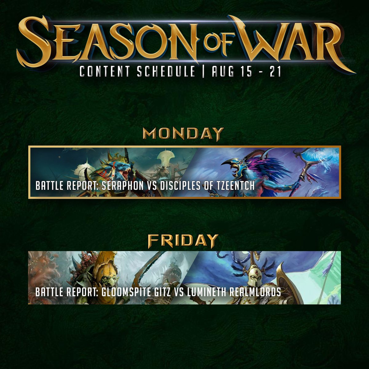 Between Lord Kroak, Kairos, Skragrott, and Teclis, we've got some of the best spellcasters in the mortal realms slinging spells on the channel this week!

Things kick off today for our channel members with the Seraphon battling against the Disciples of Tzeentch!