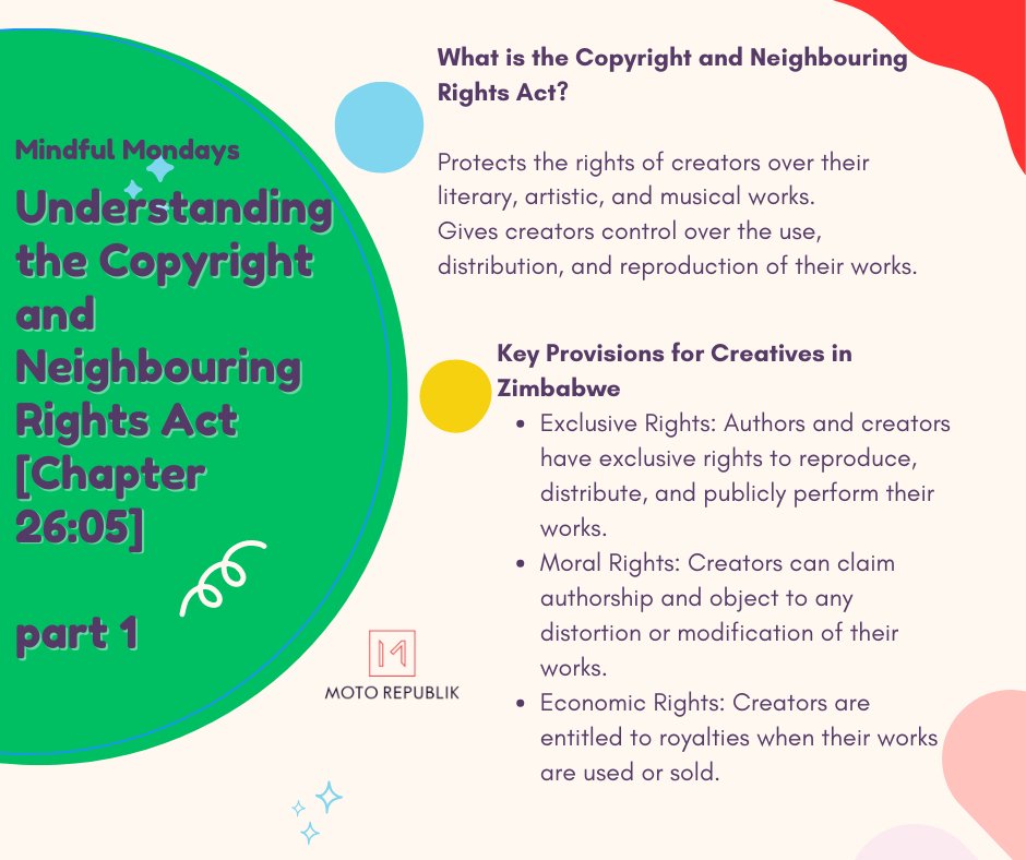 ⚖️Know your rights
Did you know that as an artist your Exclusive, Moral &amp; Economic Rights are further protected under the Copyright and Neighbouring Rights Act?
Further reading: zimlii.org/akn/zw/act/200…
#MotoRepublik #rights #Creative