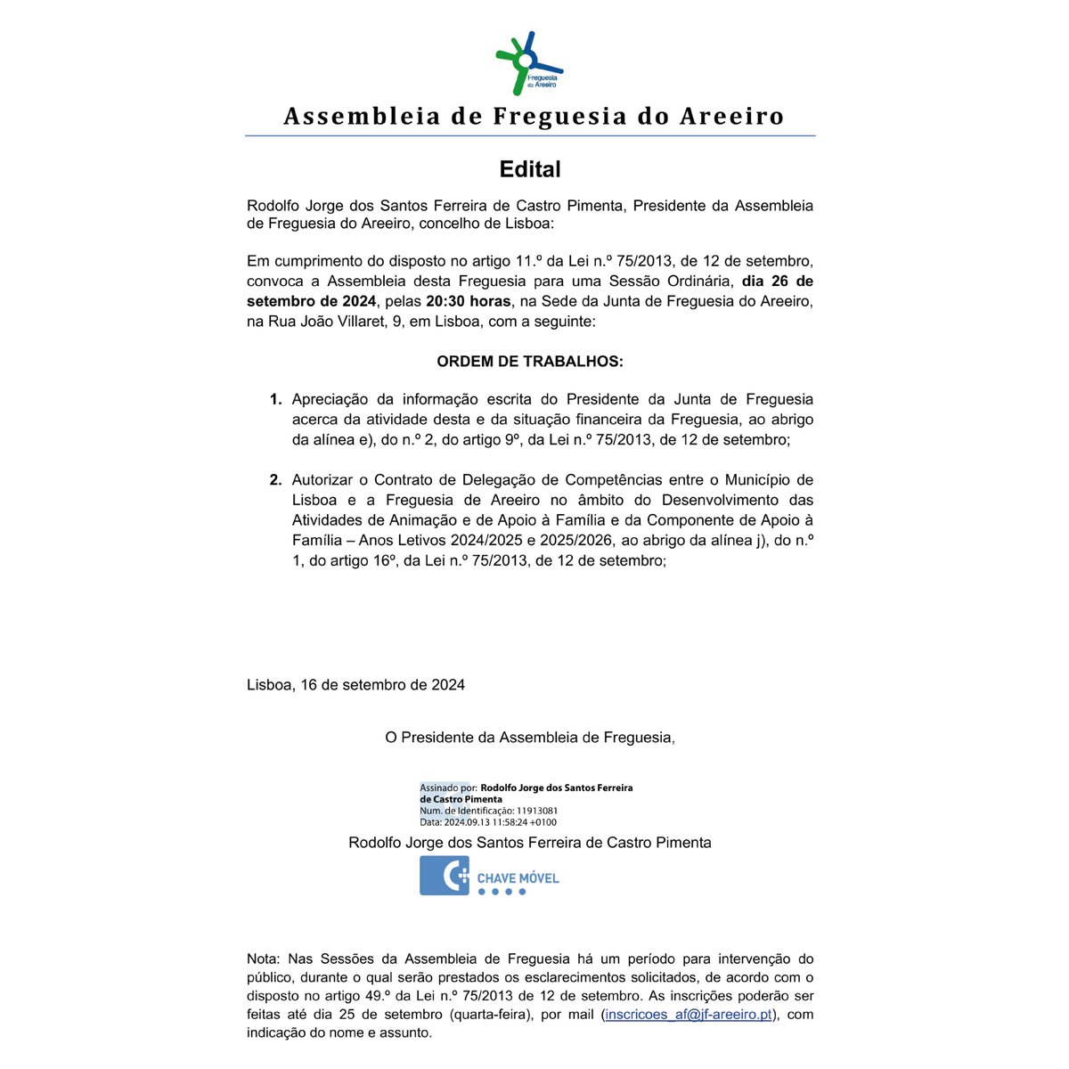 JAreeiro's tweet photo. Assembleia de Freguesia do Areeiro

Convocatória à Assembleia de Freguesia do Areeiro para uma Sessão Ordinária, dia 26 de setembro de 2024, pelas 20:30h, na Sede da Junta de Freguesia do Areeiro (Rua João Villaret, nº9, 1000-182, Lisboa) https://t.co/dO4Viq5ZAB