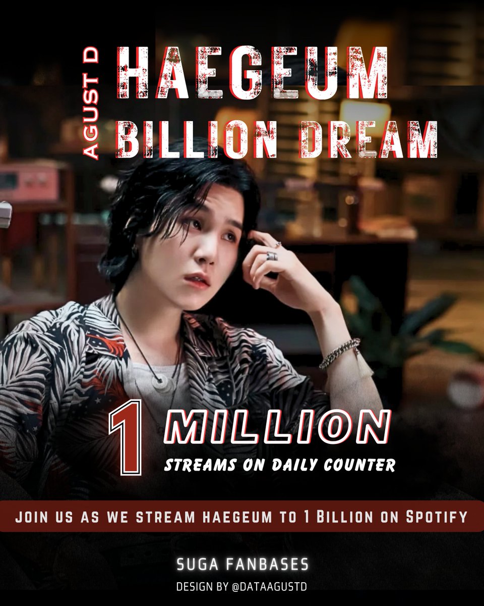 💥 HAEGEUM BILLION DREAM 💥

We need to work hard to take Haegeum (363M) to 1B streams and gift Yoongi with the Spotify 1 Billion Plaque❗️

Days to 400M → 53 🔺️🚨

Drop your streaming ss to motivate each other. 💪🔥

STREAM FOR YOONGI 
#HaegeumTo1Billion
#SUGA #AgustD #슈가