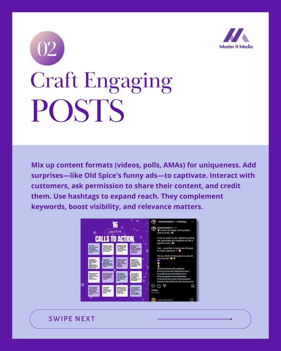 MasterItMedia's tweet image. Master Social Media for any Business📱🤩 
Swipe to Learn More! 
💜
🤩
👩‍💻
#MasterItMedia #SocialMediaTips #MarketingEssentials #EngagingContent #BrandAuthenticity #AlgorithmInsights