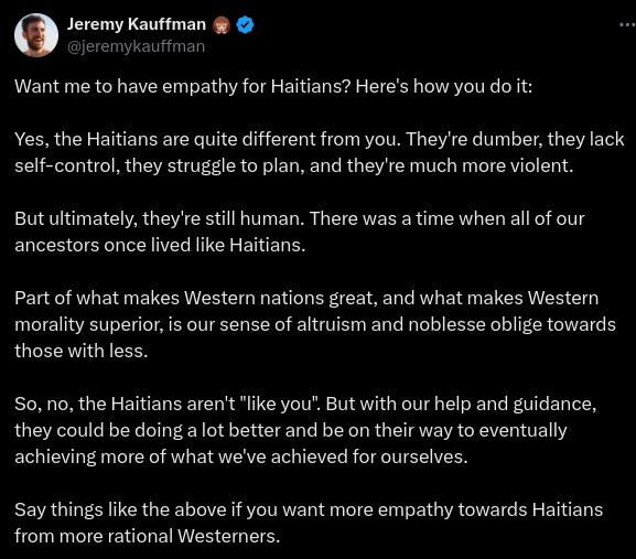 jeremykauffman's tweet photo. Acknowledging that Haitians are different from Europeans is illegal in Europe.

Has an entire contintent ever cucked itself before? Unreal https://t.co/VGXfu4LR8k