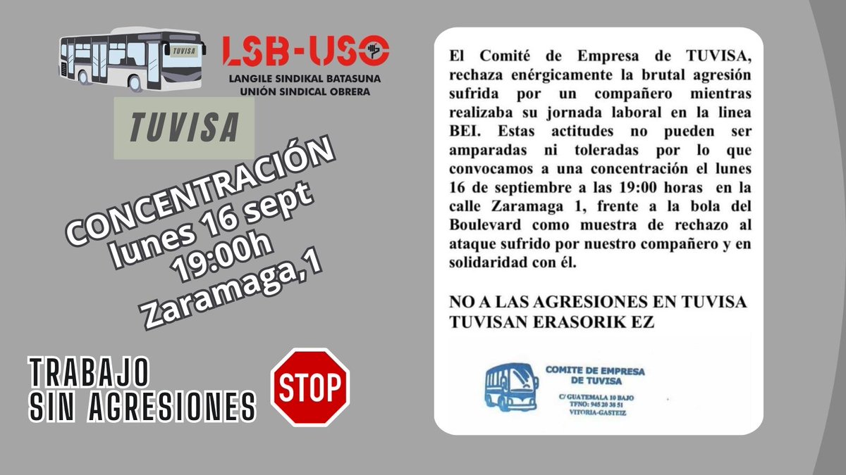 LSB_USOEuskadi's tweet photo. LSB-#USO #sindikatua gainerako sindikatuekin batera✊ salatuko dugu Gasteizko Udaleko #TUVISA autobusetan 🚌
🗣️LANEKO ERASOEN AURKAKO KONTZENTRAZIOA
📍 gaur, #irailak16
🕖19:00etan Boulevard Merkataritza Gunean
#EtorriGurekin !
🛑 #ErasorikEz #autobusak
https://t.co/6weMrCa3Kl https://t.co/ja9p48lio7