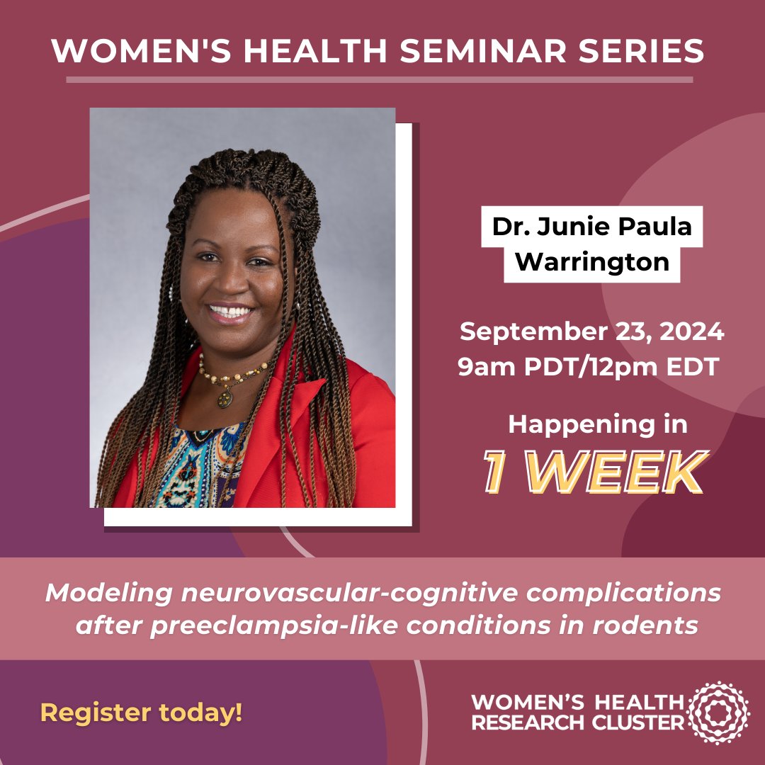 Women's Health Research Cluster (@researchonwh) on Twitter photo Our first #WHSS is only 1 week away! 🙌 <a href="/JunieWarrington/">Junie P Warrington, PhD, FAHA</a> will be discussing the long-term neurological effects of #preeclampsia, particularly the link with risk of vascular dementia and #AlzheimersDisease in women 🤰🧠
There's still time to register: womenshealthresearch.ubc.ca/events/modelin… Our first #WHSS is only 1 week away! 🙌 <a href="/JunieWarrington/">Junie P Warrington, PhD, FAHA</a> will be discussing the long-term neurological effects of #preeclampsia, particularly the link with risk of vascular dementia and #AlzheimersDisease in women 🤰🧠
There's still time to register: womenshealthresearch.ubc.ca/events/modelin…