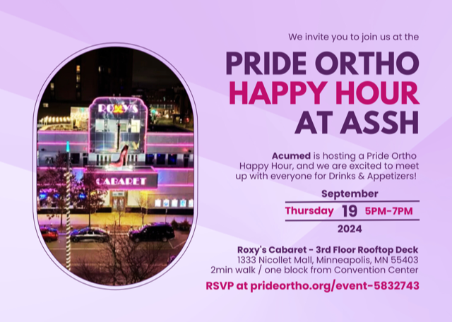 Reminder to register for the upcoming Pride Ortho Happy Hour Meetup at ASSH on September 19th! 
We look forward to seeing you there!