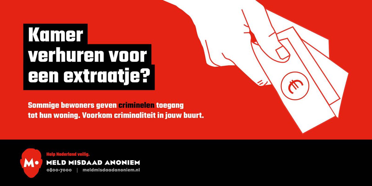 Onze gemeente doet mee aan campagne van M. (Meld Misdaad Anoniem) Voor drugscriminaliteit of illegale prostitutie hebben criminelen woningen nodig. Eén kamer is al genoeg voor dealen of hennepteelt. Houd je buurt veilig en meld je vermoedens bij politie of anoniem via 0800-7000!
