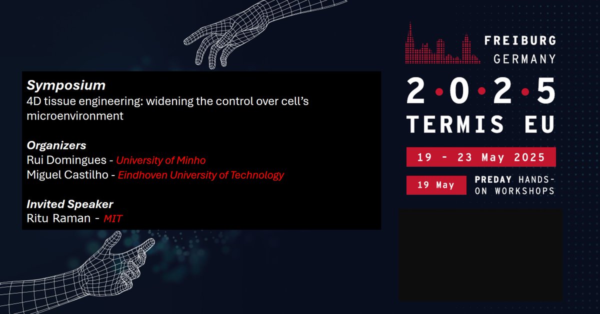 Rui Domingues (@rmadomingues) on Twitter photo Are you planning to attend @TermisEU2025? Consider submitting your abstract to the symposium "4D tissue engineering: widening the control over cell’s microenvironment", which I have the pleasure of organizing with <a href="/MiguCastilho/">Miguel Castilho</a> and has @DrRituRaman as our invited speaker! Are you planning to attend @TermisEU2025? Consider submitting your abstract to the symposium "4D tissue engineering: widening the control over cell’s microenvironment", which I have the pleasure of organizing with <a href="/MiguCastilho/">Miguel Castilho</a> and has @DrRituRaman as our invited speaker!