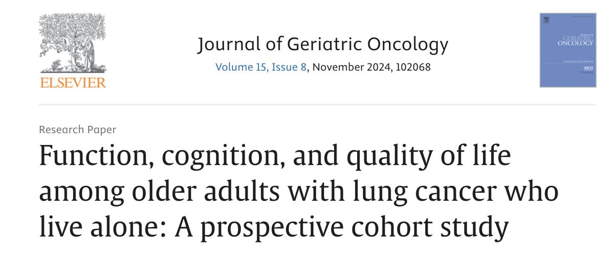 Now in <a href="/JGeriOnc/">Journal of Geriatric Oncology</a>: @melisawongmd <a href="/kpnorcal/">KPNorthernCal</a> <a href="/PermanenteDocs/">PermanenteDoctors</a> <a href="/KPCancerRsrch/">KP Division of Research Cancer Section</a> &amp; colleagues find about 1/2 of older adults with advanced #NSCLC #lungcancer who lived alone maintained their function, cognition, and #qualityoflife during treatment. #lcsm 

Study: bit.ly/4enT61d