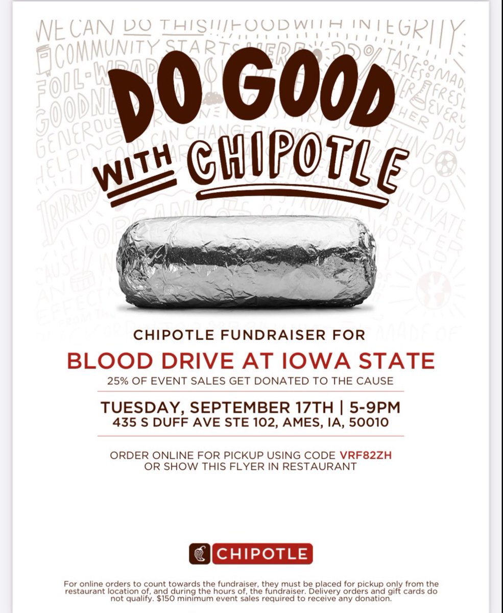 CHIPOTLE FUNDRAISER !! Come on out to chipotle tomorrow night to help support blood drive! Also don’t forget to sign up to donate!