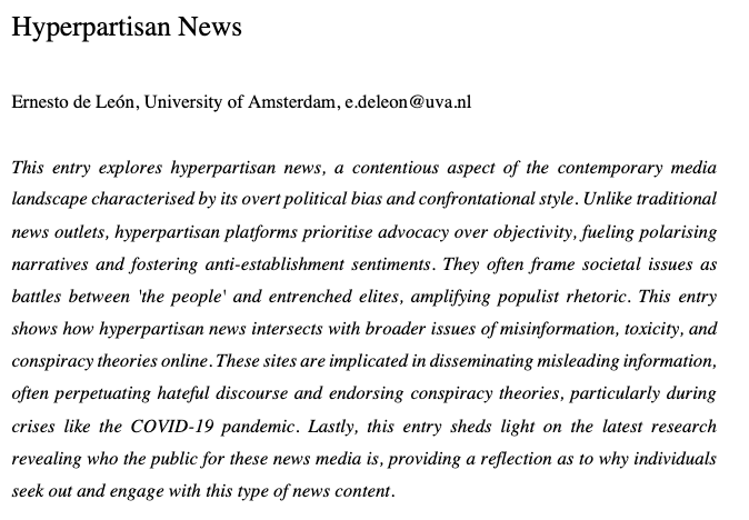 Ernesto de León (@edeleonw) on Twitter photo I wrote an entry on Hyperpartisan News for the forthcoming Encyclopedia of Political Communication!
Thank you <a href="/alessandro_nai/">Alessandro Nai</a> <a href="/DoWi87/">Dominique Wirz</a> and <a href="/MaxGroemping/">Max Grömping</a> for coordinating this gigantic effort! 🙏
You can find a preprint here: osf.io/preprints/psya… I wrote an entry on Hyperpartisan News for the forthcoming Encyclopedia of Political Communication!
Thank you <a href="/alessandro_nai/">Alessandro Nai</a> <a href="/DoWi87/">Dominique Wirz</a> and <a href="/MaxGroemping/">Max Grömping</a> for coordinating this gigantic effort! 🙏
You can find a preprint here: osf.io/preprints/psya…