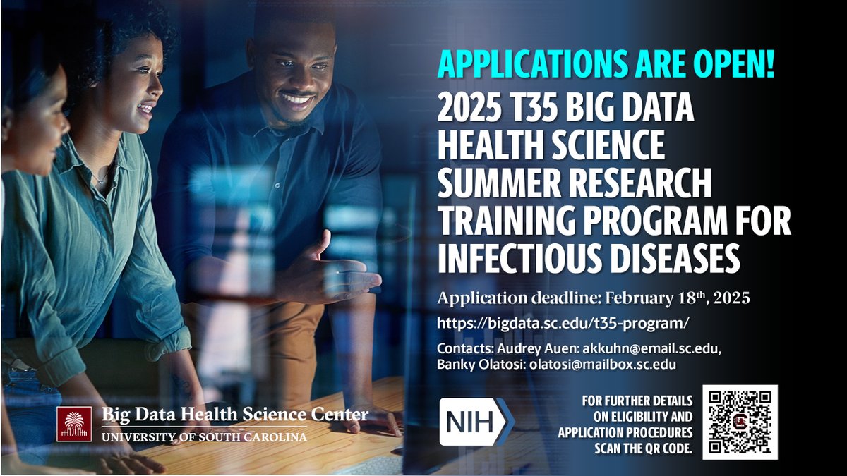 📣 Applications are open! 📣 
For details, please visit bigdata.sc.edu/t35-program/
#BigData #healthsciences #careerdevelopment  #training  @NIAIDTraining <a href="/USCArnoldSchool/">USC Arnold School of Public Health</a>