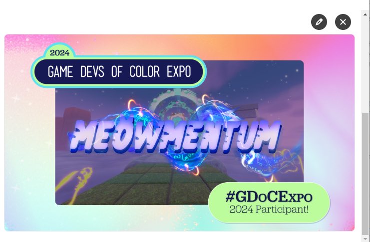 Paw-some news! 🐾 
Meowmentum is part of the Game Devs of Color Expo 2024 Steam Sale! 🐱🎉 Check it out from Sept 18-22 on Steam!

Don’t miss out on exciting talks &amp; events—get 20% off tickets with code:
gdoc20

ti.to/GDoCExpo/2024

#Meowmentum #GDoCExpo