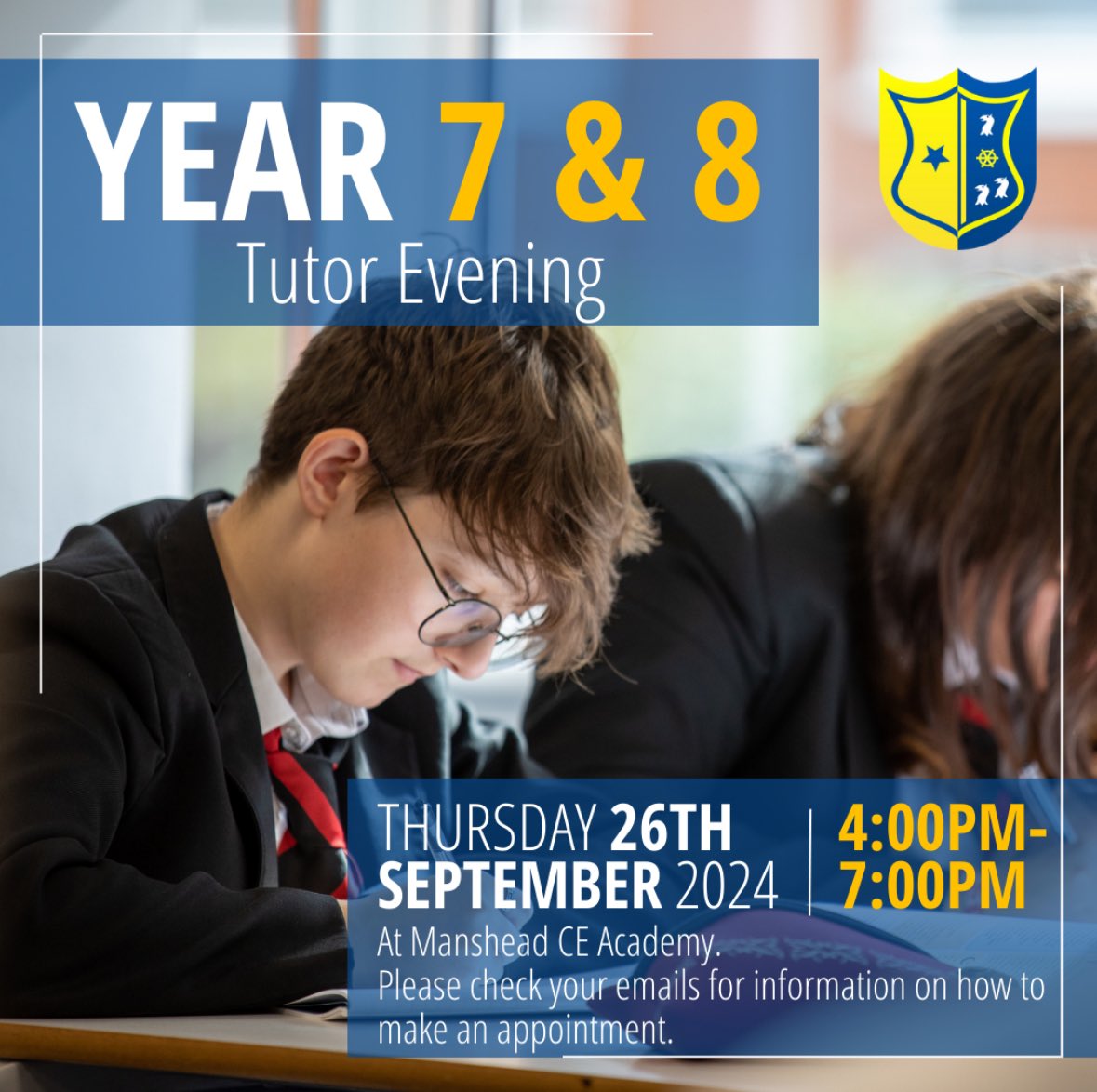 On Thursday 26th September, we will be hosting a parents consultation evening for Year 7 &amp; 8 where you will have the opportunity to meet your child’s form tutor. 

To make this process as convenient as possible, we have emailed information on how to book appointments.