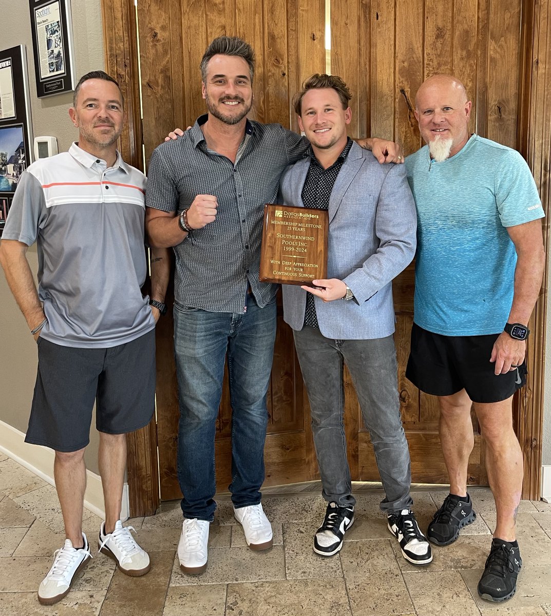 Joey Sampsel, Adam Johnson, Clay Wager and Charlie Burton with Southernwind Pools Inc. were presented with a Membership Milestone plaque in honor of 25 years of continuous membership.
Thank you for your membership!
#dallasbuildersassociation #25years