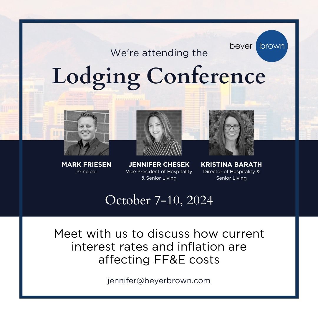 We can't wait to see you all at the Lodging Conference next month! There is a lot happening with interest rates and inflation, and we'd love to talk with you about it and how it affects your FF&amp;E and OS&amp;E procurement pricing. Send us a note if you'd like to meet!