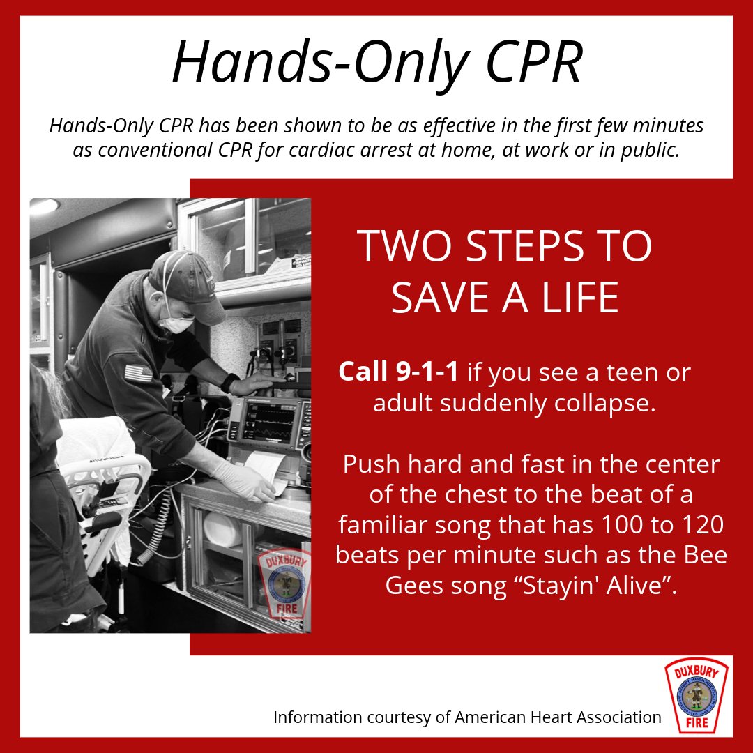 Follow these two steps if you see someone go into cardiac arrest. Also, consider joining us for our free community CPR class on Wednesday, October 9th from 5pm - 7pm. To sign up, go to the Duxbury Fire Department website.⁠
⁠
#DXFD #CPR #CPRcertified #CPRtraining #HandsonlyCPR