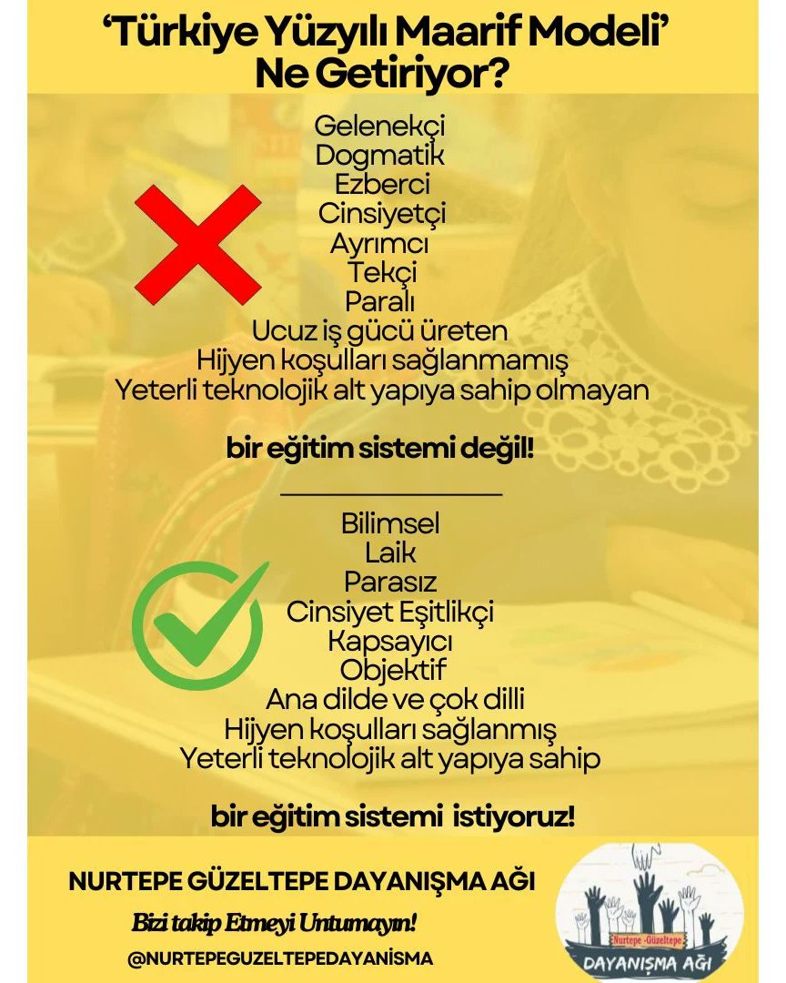Nurtepe Güzeltepe Dayanışma Ağı (@nurtepea) on Twitter photo 'Türkiye Yüzyılı Maarif Modeli' ne getiriyor ?
Eğitim Sen 3 No'lu şube başkanı Hüseyin Tosu'nun katılımıyla yeni müfredata ilişkin bilgilendirme semineri gerçekleştireceğiz. <a href="/egitimsenist3/">Eğitim Sen İstanbul 3</a>
🗓️ Tarih: 22 Eylül Pazar
🕒 Saat:15.00
📍 Yer: Nurtepe Cemevi 'Türkiye Yüzyılı Maarif Modeli' ne getiriyor ?
Eğitim Sen 3 No'lu şube başkanı Hüseyin Tosu'nun katılımıyla yeni müfredata ilişkin bilgilendirme semineri gerçekleştireceğiz. <a href="/egitimsenist3/">Eğitim Sen İstanbul 3</a>
🗓️ Tarih: 22 Eylül Pazar
🕒 Saat:15.00
📍 Yer: Nurtepe Cemevi