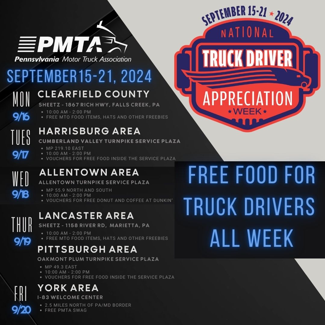 It's National Truck Driver Appreciation Week!

To celebrate drivers for the critical job they do PMTA will be handing out free food and giveaways all over PA during the week.

Please share with drivers! 

Thank you <a href="/Sheetz/">SHEETZ</a> and <a href="/PA_Turnpike/">Pennsylvania Turnpike</a> for your support!