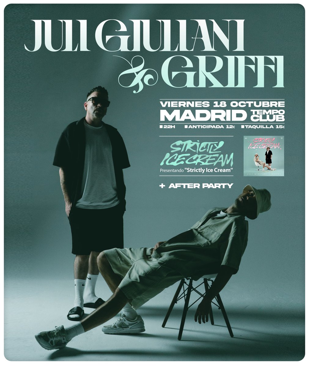 MADRID!!

El 18 de Octubre estamos en la capi presentando "Strictly Ice Cream" con Griffi.

Ya sabéis que mis bolos van seguidos de una fiesta siempre no? Pues eso, bolo + afterparty.

Pilla tus anticipadas YA: giglon.com/todos?idEvent=…