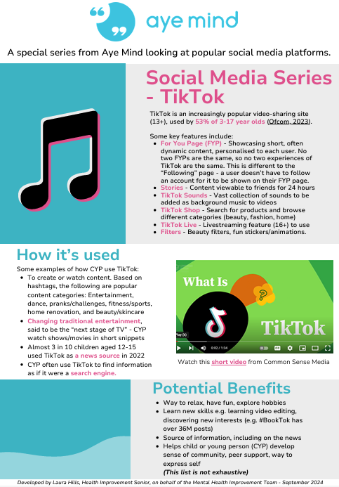 Our latest social media series looks at TikTok, covering:

✅ Key features
✅ How children and young people use it
✅ Potential benefits &amp; harms
✅ Useful resources &amp; safety features

Download your copy for an introduction to the platform
ayemind.com/wp-content/upl…