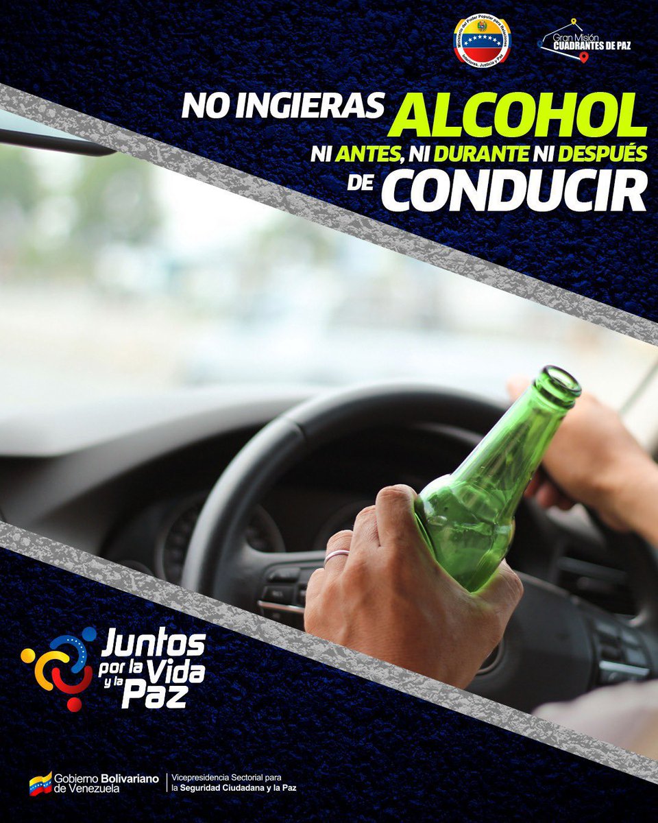 El alcohol es una droga psicodepresora que, incluso en pequeñas dosis, influye negativamente en la conducción, ya que perturba las aptitudes de quien maneja.

Si consumes bebidas alcohólicas,🍷evita conducir 🚗