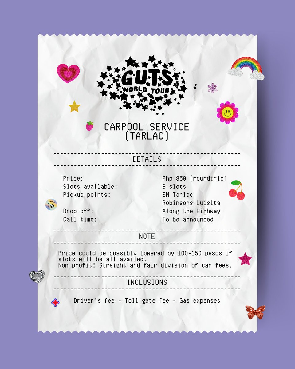 jeongham_cheese's tweet photo. carpool for olivia rodrigo’s guts tour in PH 💜🚗

– 8 slots available (price may go lower if all slots are availed)

🎫 850 (base price for round trip fare, all-in including gas and toll)

Tarlac, Philippines 
#GUTSWorldTour #GUTSinManila https://t.co/KUTQ40AU4C